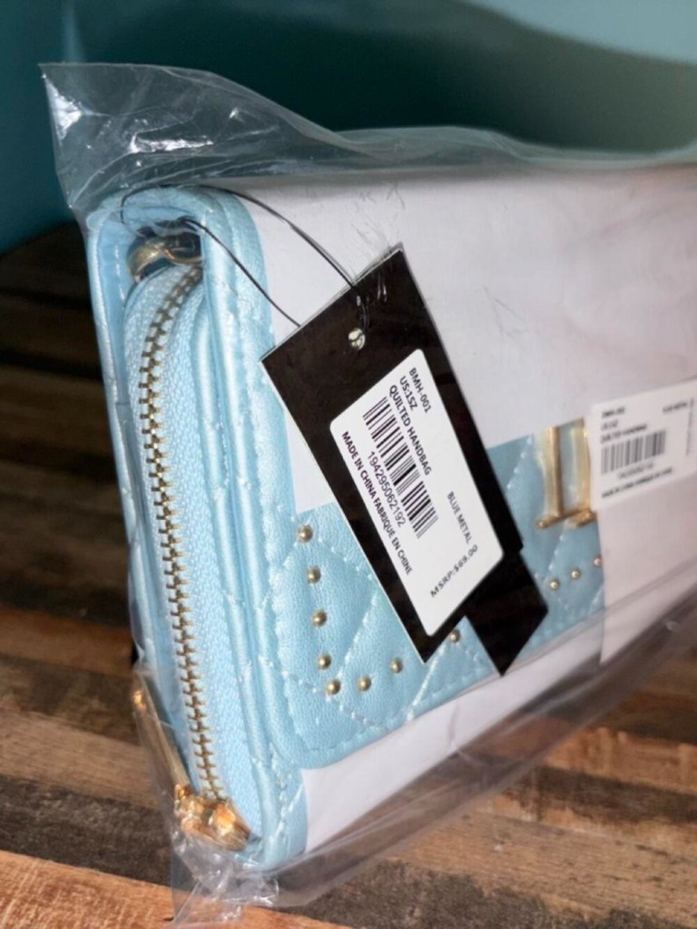 Badgley Mischka Blue and Gold Quilted Crossbody Cinderella Bag - Picture 6 of 9